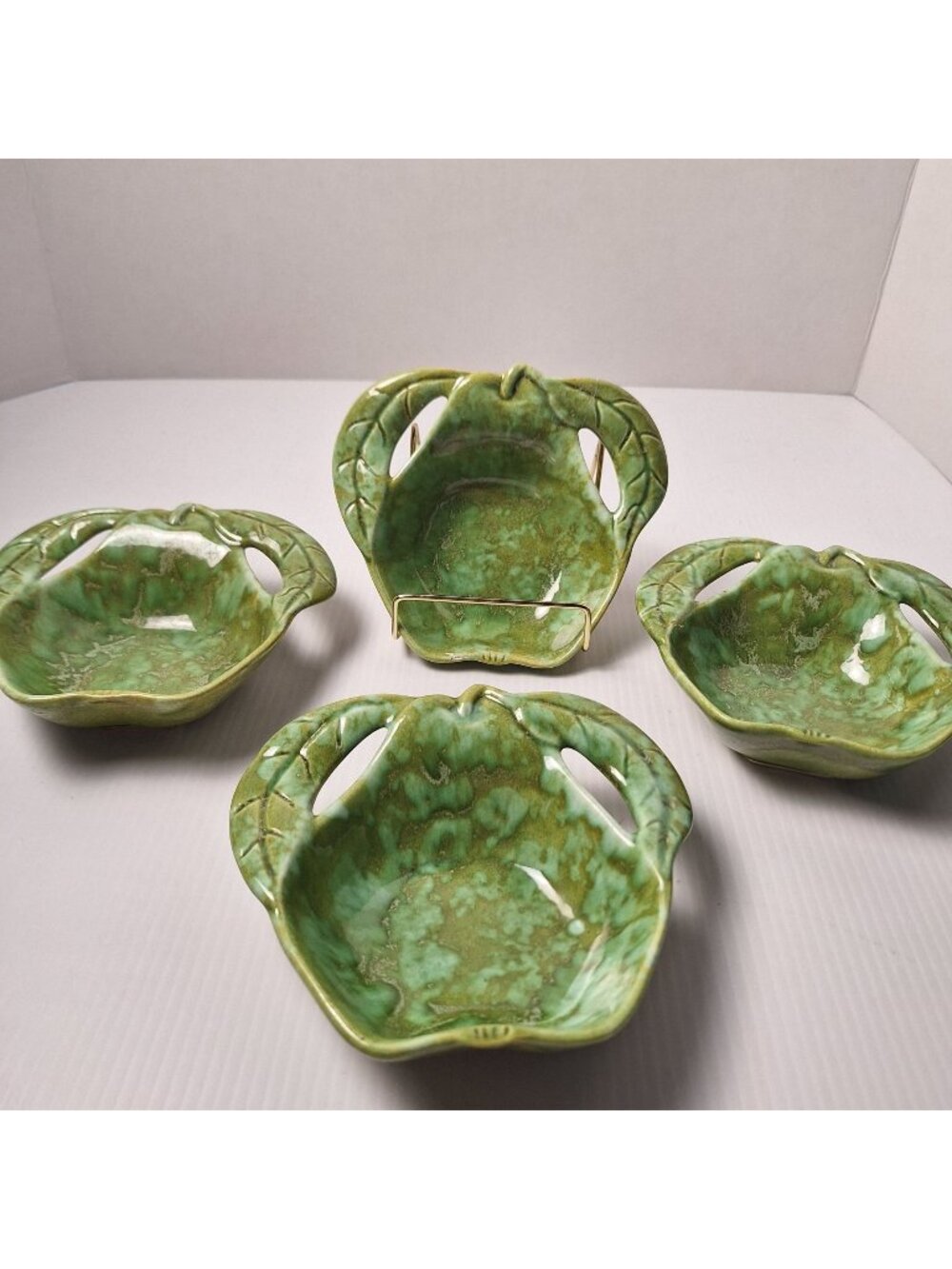 (4) ENCHANTO COMPANY B112 CALIFORNIA USA VINTAGE GREEN GLAZED CERAMIC BOWLS **